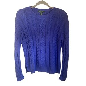 Lauren Ralph Lauren Womens Purple Cable Knit Crewneck Sweater Small Cotton Blend